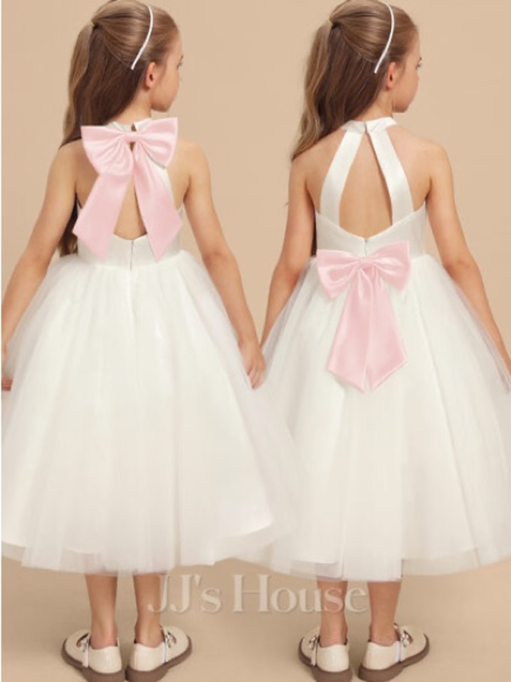 JJs House White Halter Tulle Flower Girl Dress with Pink Bow